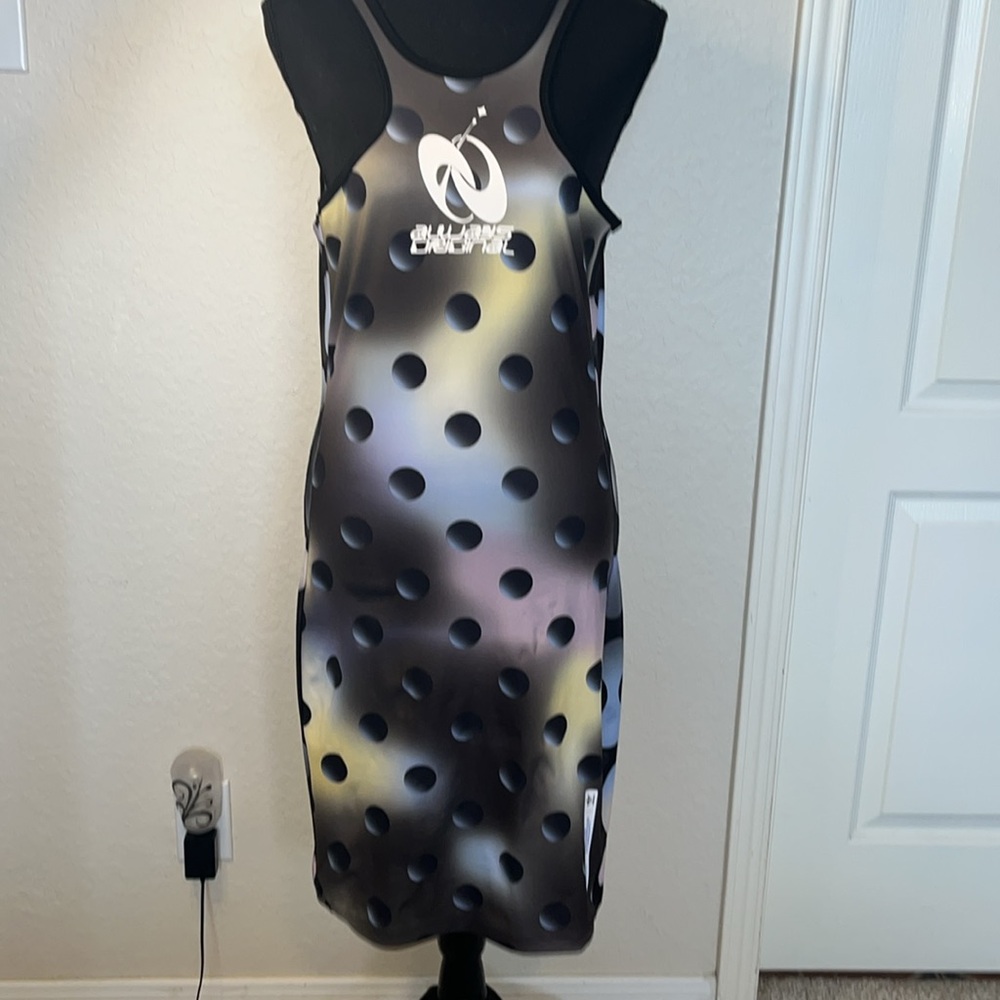 Adidas always original tank dress flattering fit. M. Figure hugging pop art.